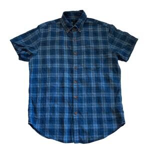 J Crew Shirt Mens Sz Medium Blue Plaid 100% Linen Button Up Short Sleeve Preppy